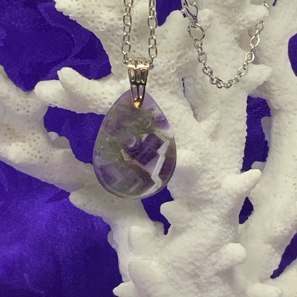 Purple Brazil Zebra Amethyst Necklace on Stainless Steel Silver Plated Chain - Picture 4 of 12